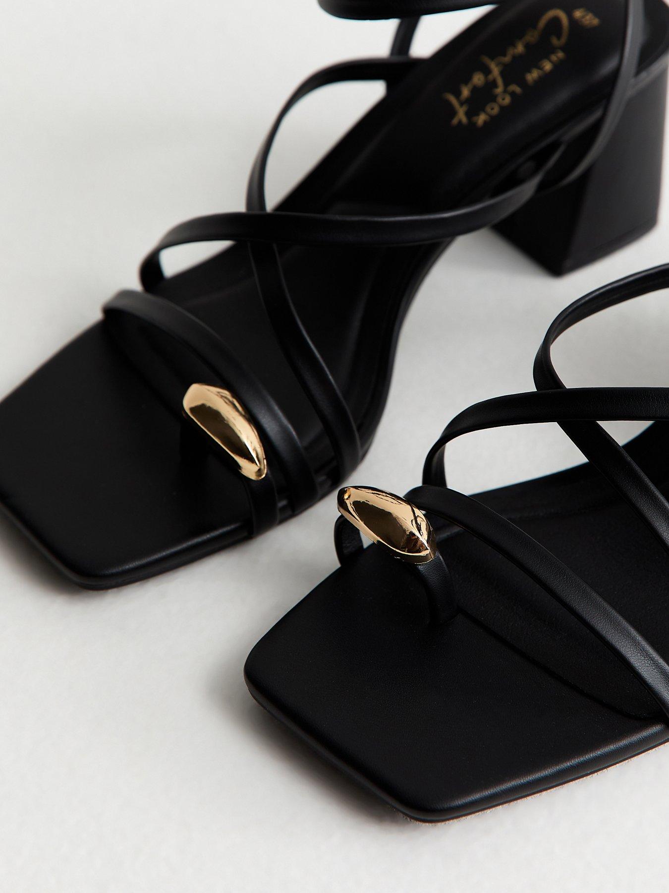 New Look Black Faux Leather Metal Toe Loop Block Heel Sandals | Very