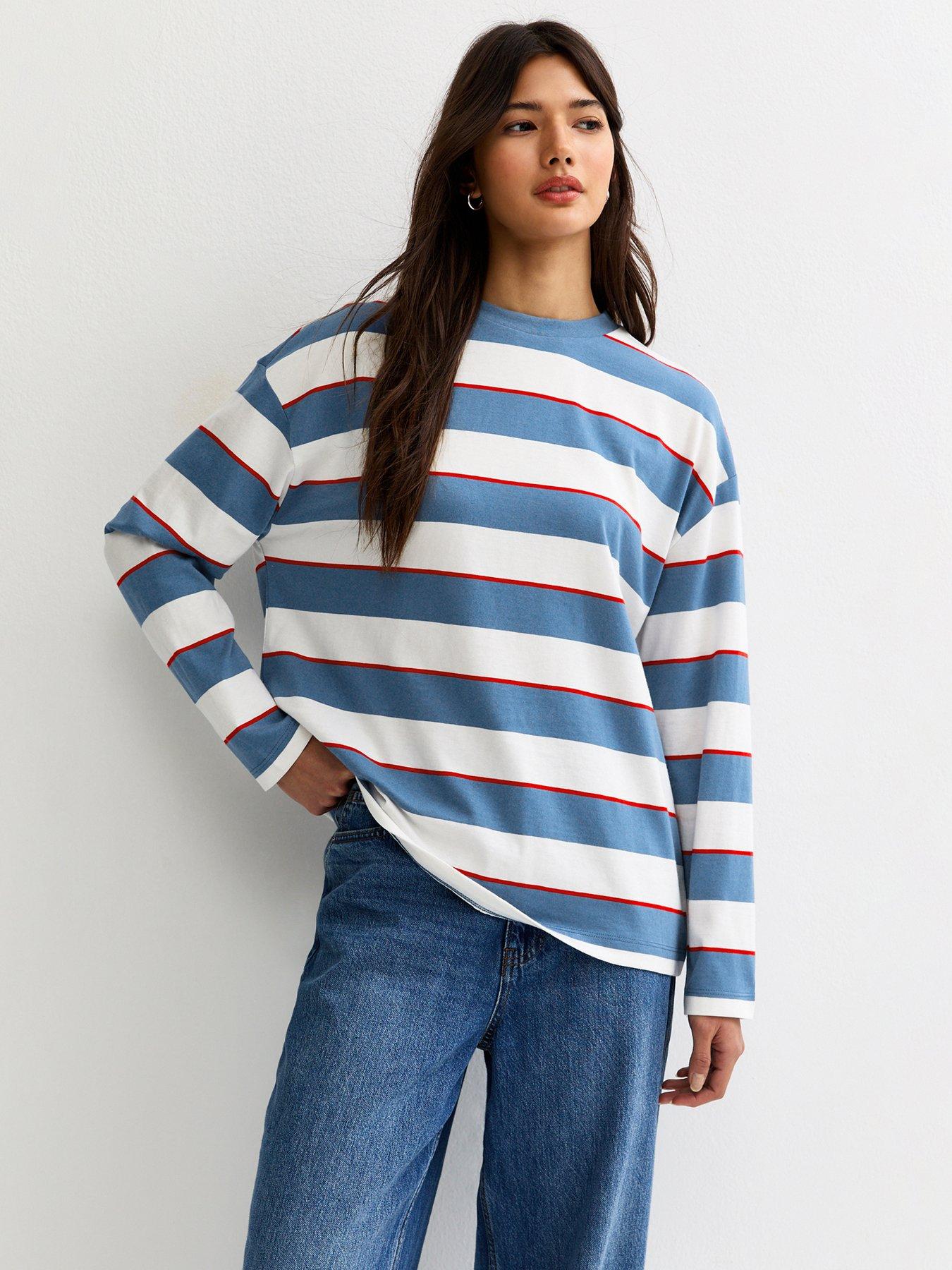 New Look: Blue Striped Long Sleeve Skater T-Shirt - White