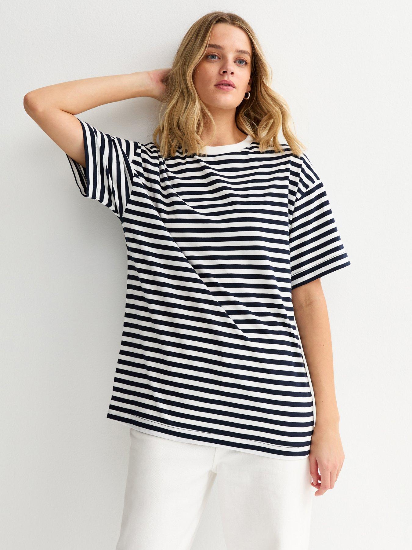 Image 1 of 5 of New Look Striped Oversized T-Shirt - Navy Blue