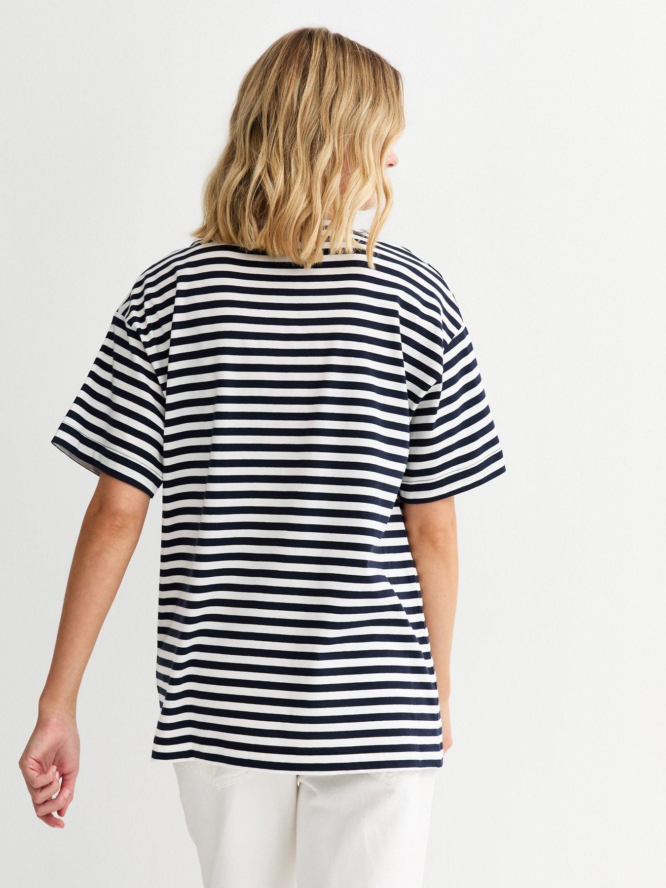Image 2 of 5 of New Look Striped Oversized T-Shirt - Navy Blue