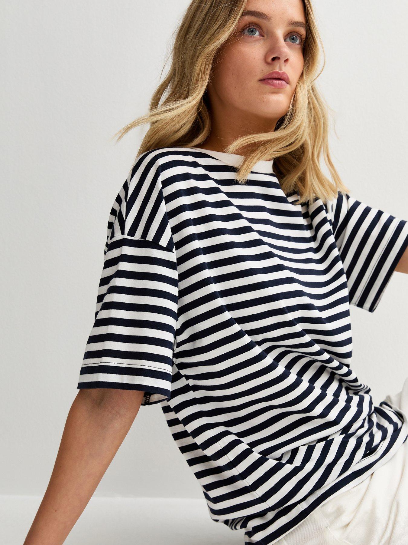 Image 4 of 5 of New Look Striped Oversized T-Shirt - Navy Blue