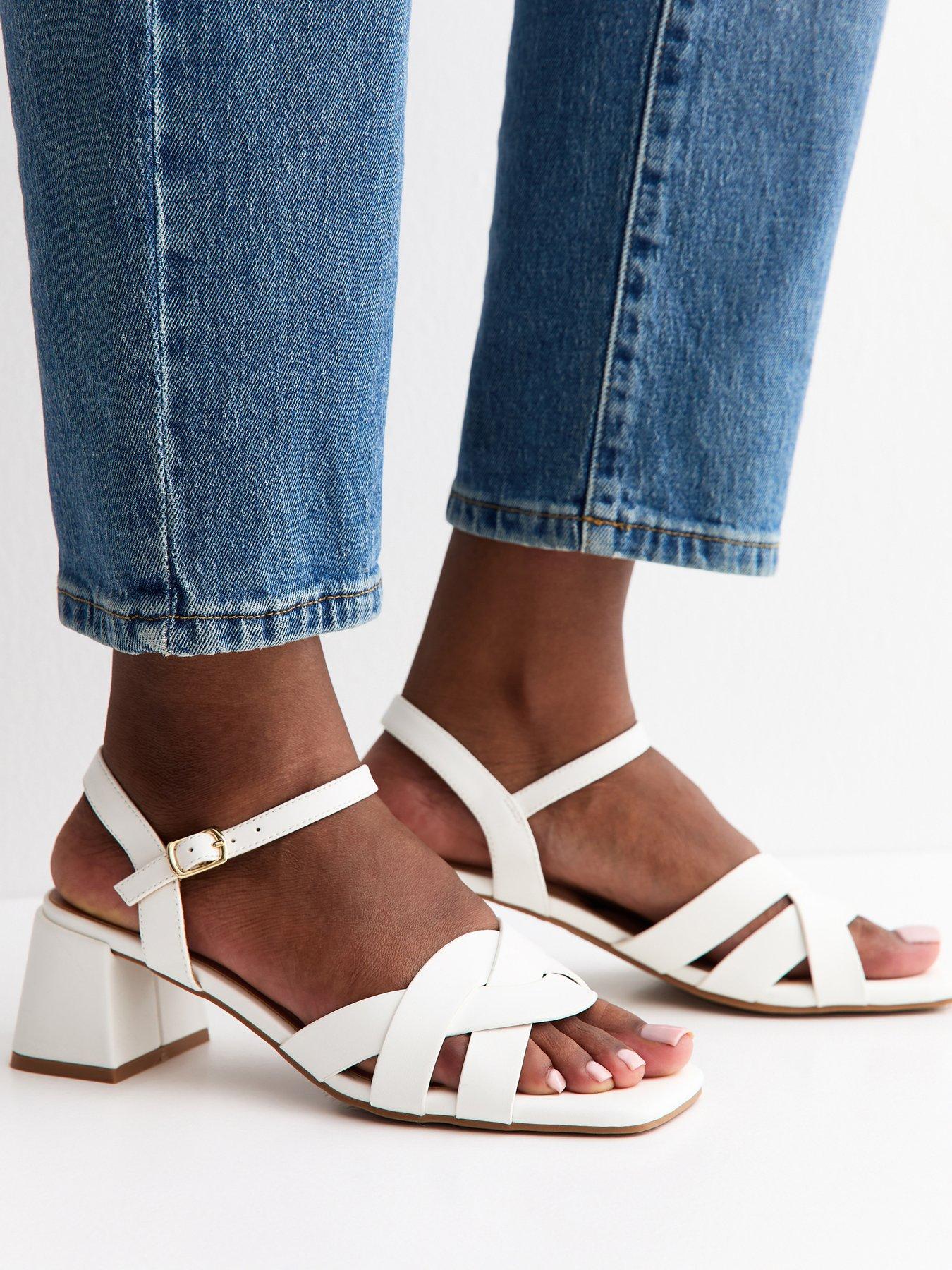 New Look: Faux Leather Interwoven Low Block Heel Sandals - White