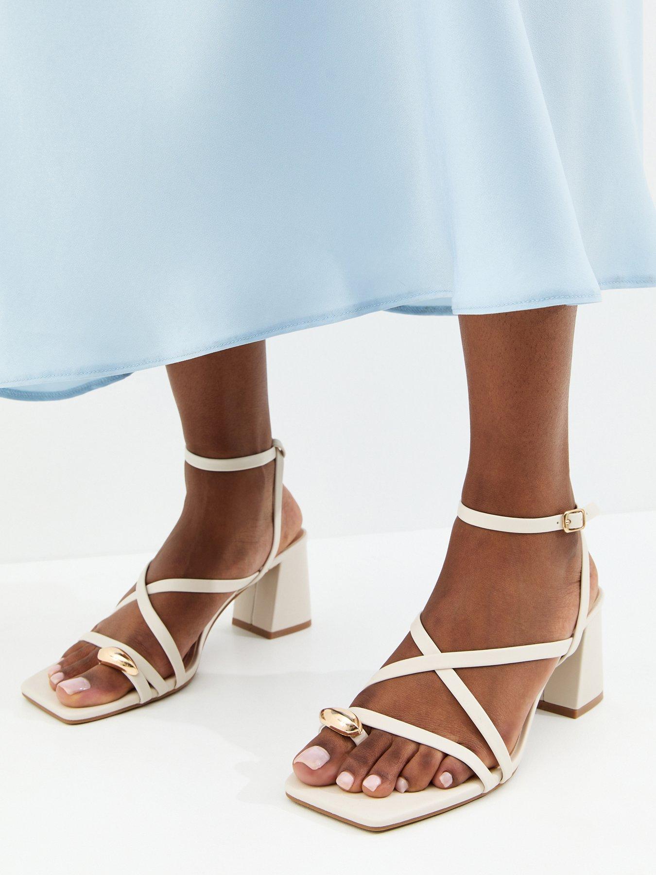Image 1 of 5 of New Look Faux Leather Metal Toe Loop Block Heel Sandals - Off White