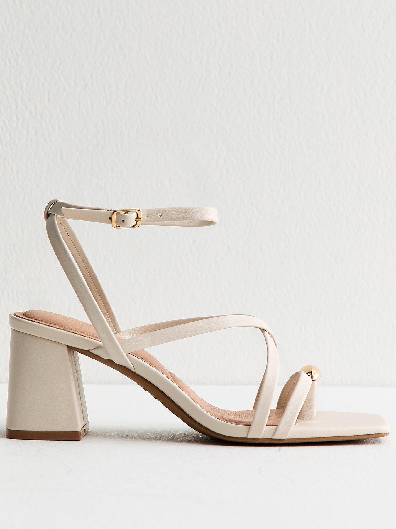 Image 2 of 5 of New Look Faux Leather Metal Toe Loop Block Heel Sandals - Off White