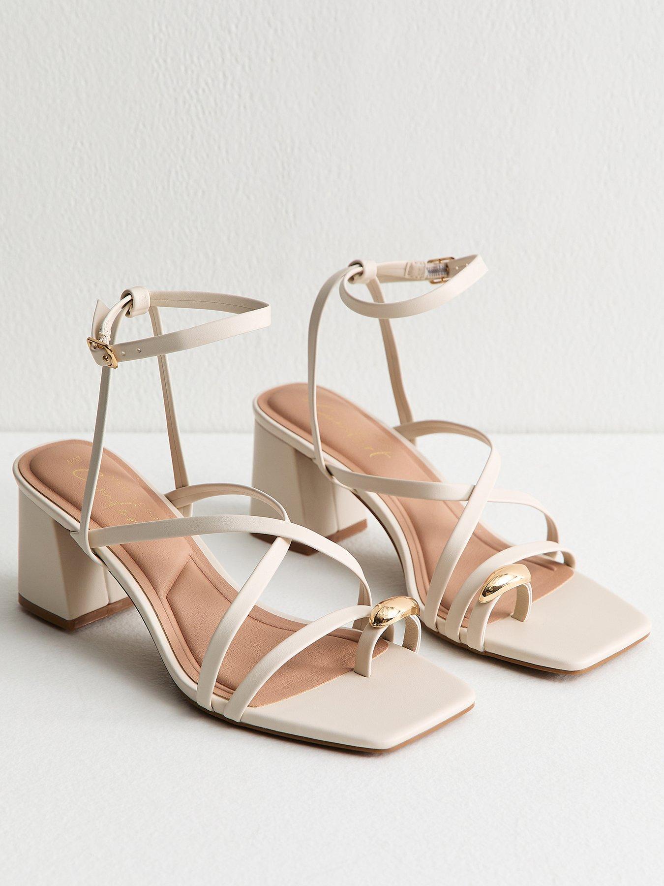 Image 3 of 5 of New Look Faux Leather Metal Toe Loop Block Heel Sandals - Off White