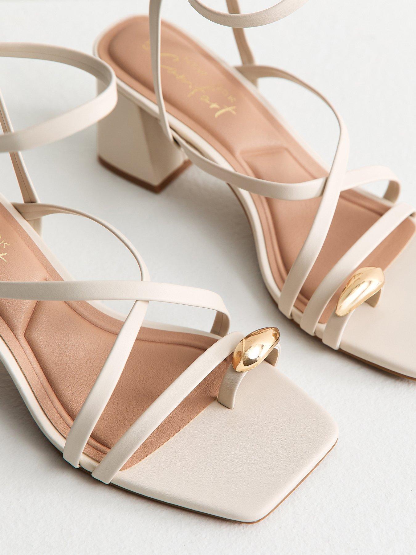 Image 5 of 5 of New Look Faux Leather Metal Toe Loop Block Heel Sandals - Off White