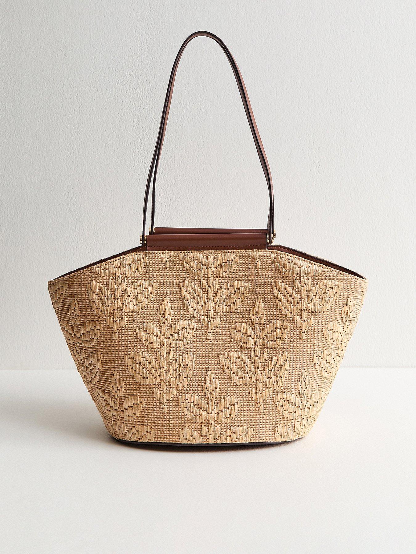 Image 1 of 5 of New Look Stone Floral Raffia Tote Bag - Stone