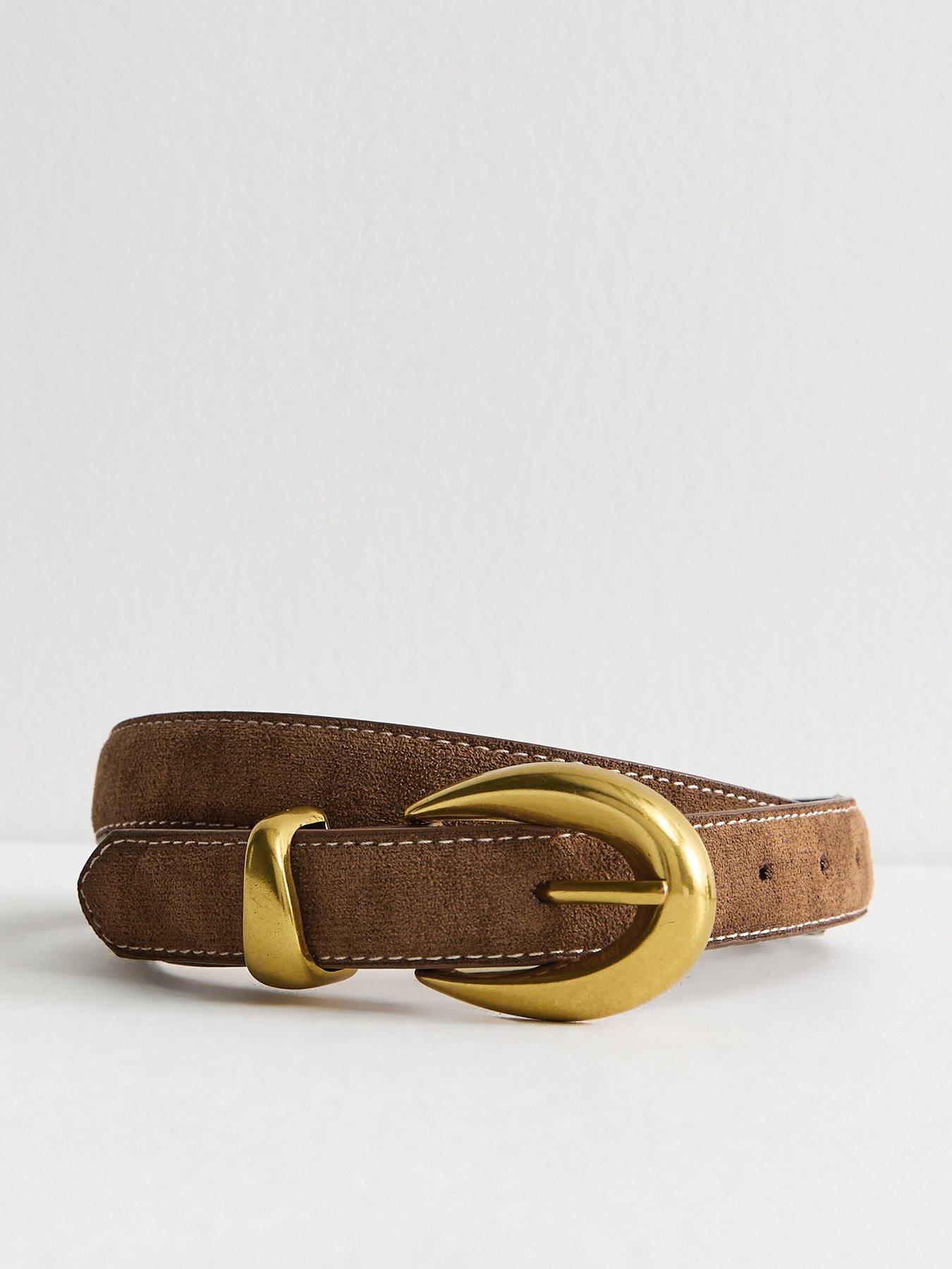 Image 1 of 3 of New Look Faux Suede Contrast Stitch Belt - Brown