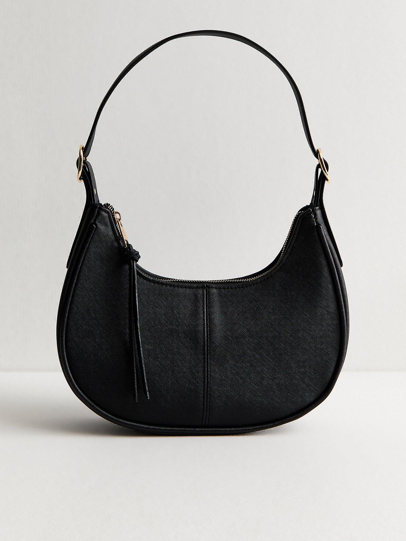 New Look Grained Faux Leather Oval Buckle Shoulder Bag - Black