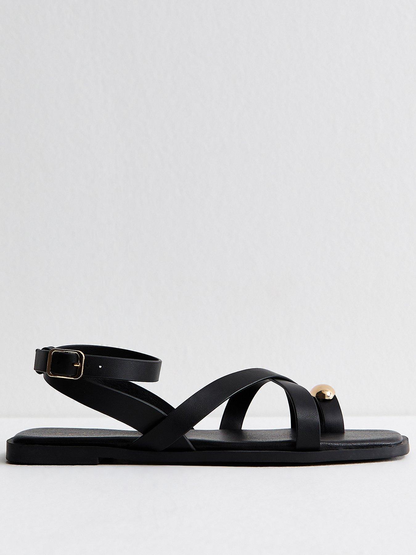 New Look Black Faux Leather Multi Strap Toe Ring Flat Sandals | Very