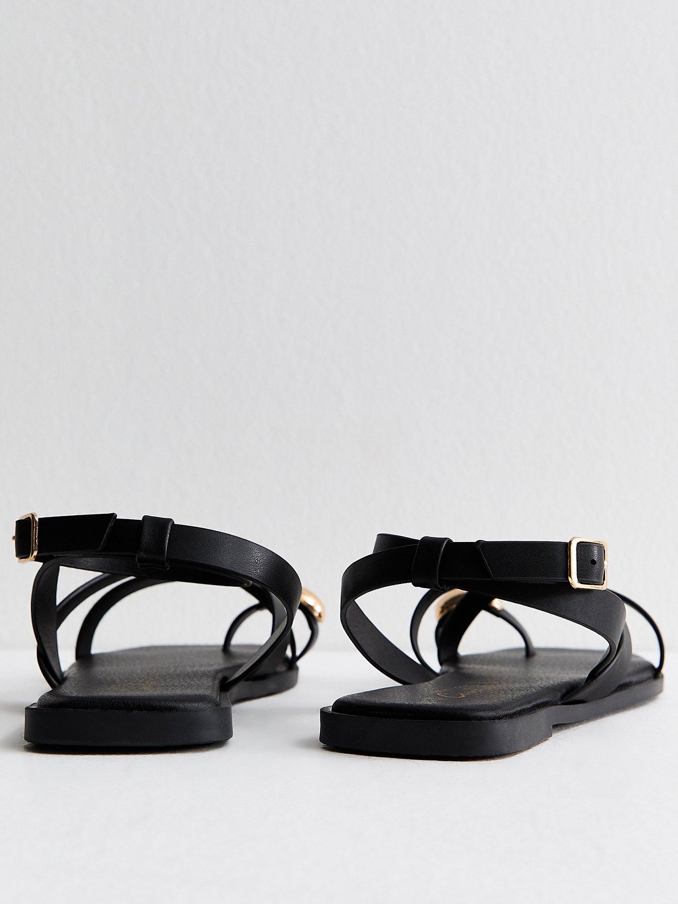 New Look Black Faux Leather Multi Strap Toe Ring Flat Sandals | Very