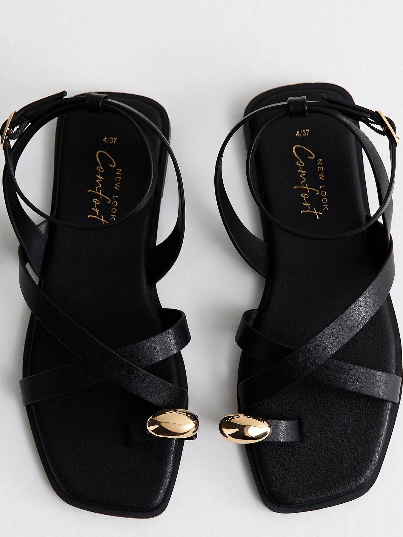 New Look Black Faux Leather Multi Strap Toe Ring Flat Sandals | Very