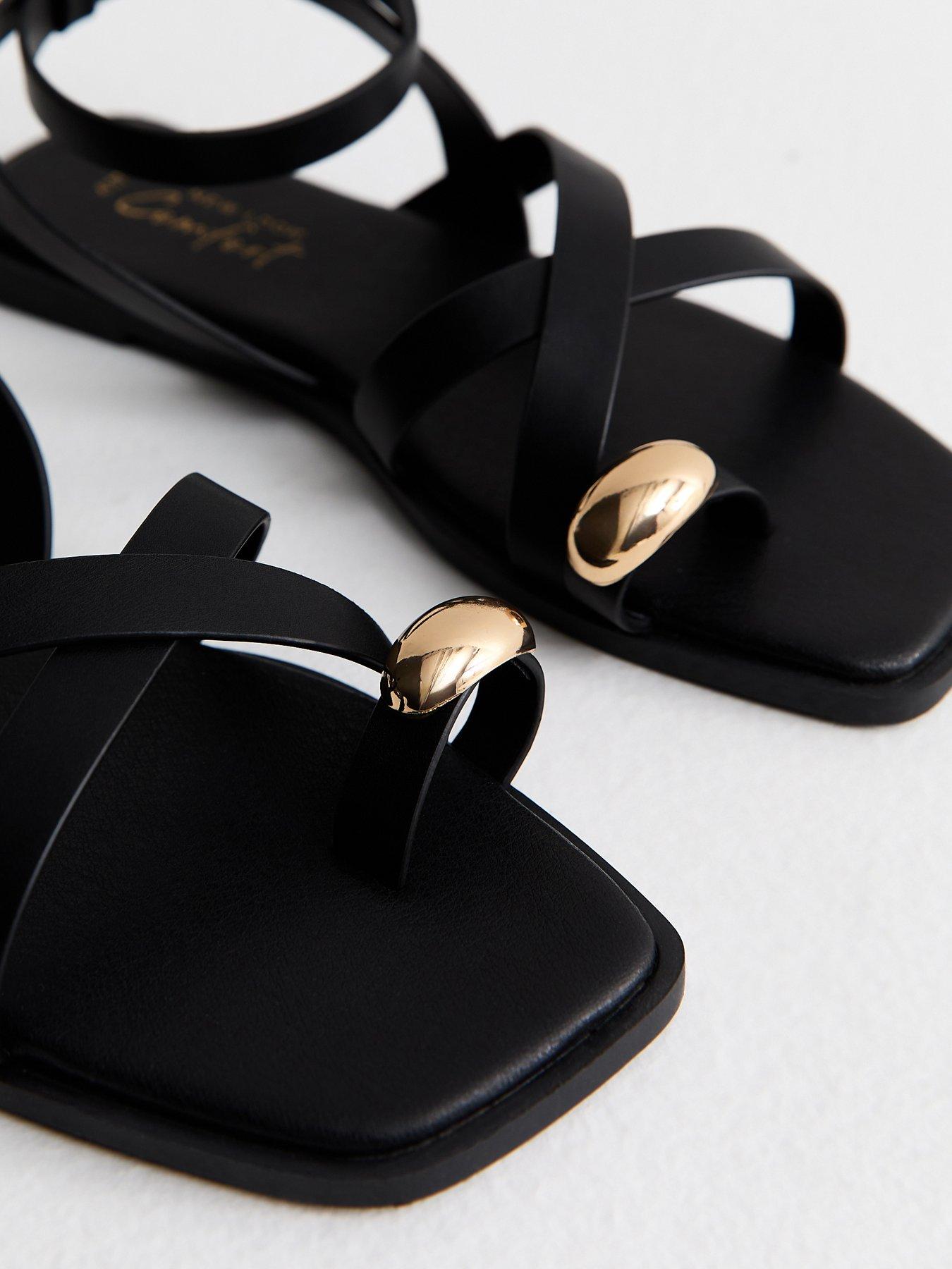New Look Black Faux Leather Multi Strap Toe Ring Flat Sandals | Very