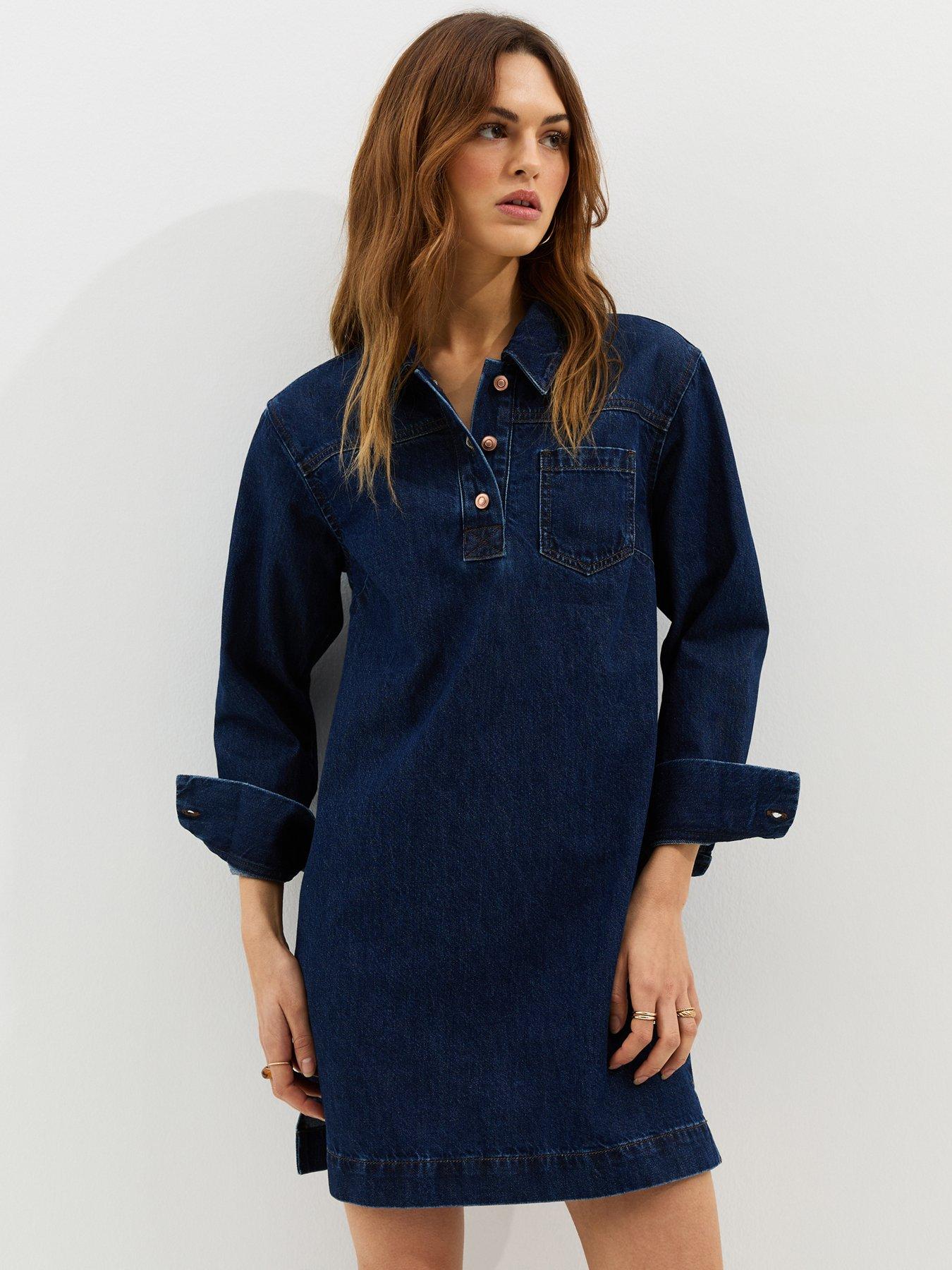 Image 1 of 6 of New Look Denim Long Sleeve Mini Shirt Dress - Blue
