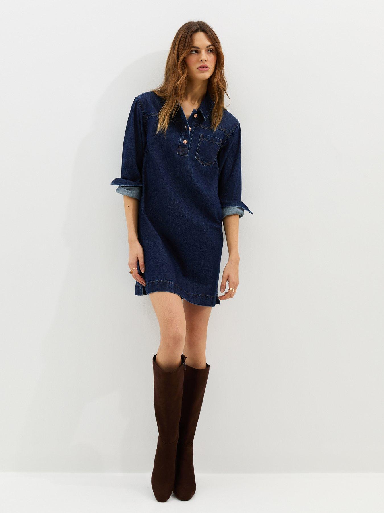 Image 3 of 6 of New Look Denim Long Sleeve Mini Shirt Dress - Blue