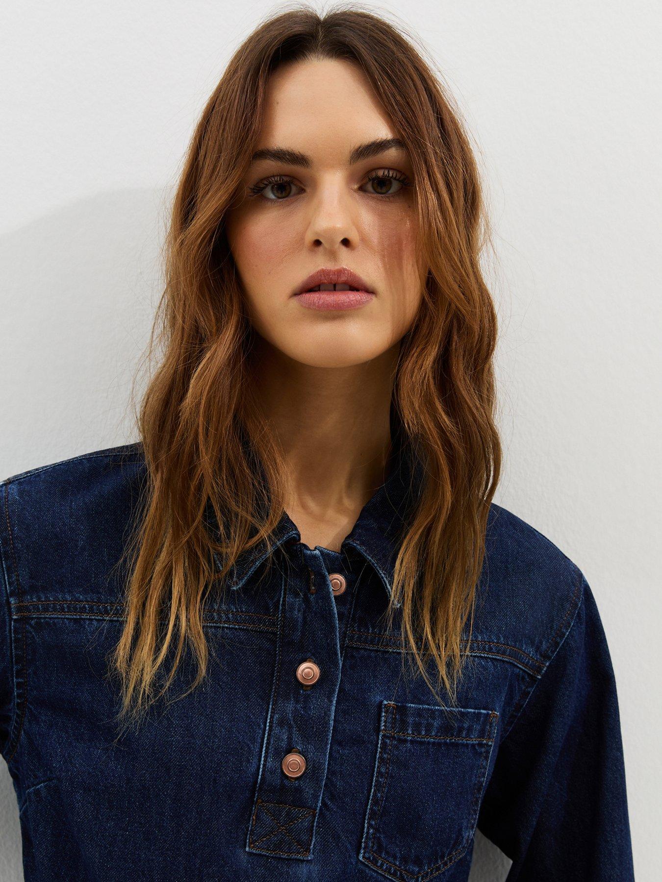 Image 4 of 6 of New Look Denim Long Sleeve Mini Shirt Dress - Blue