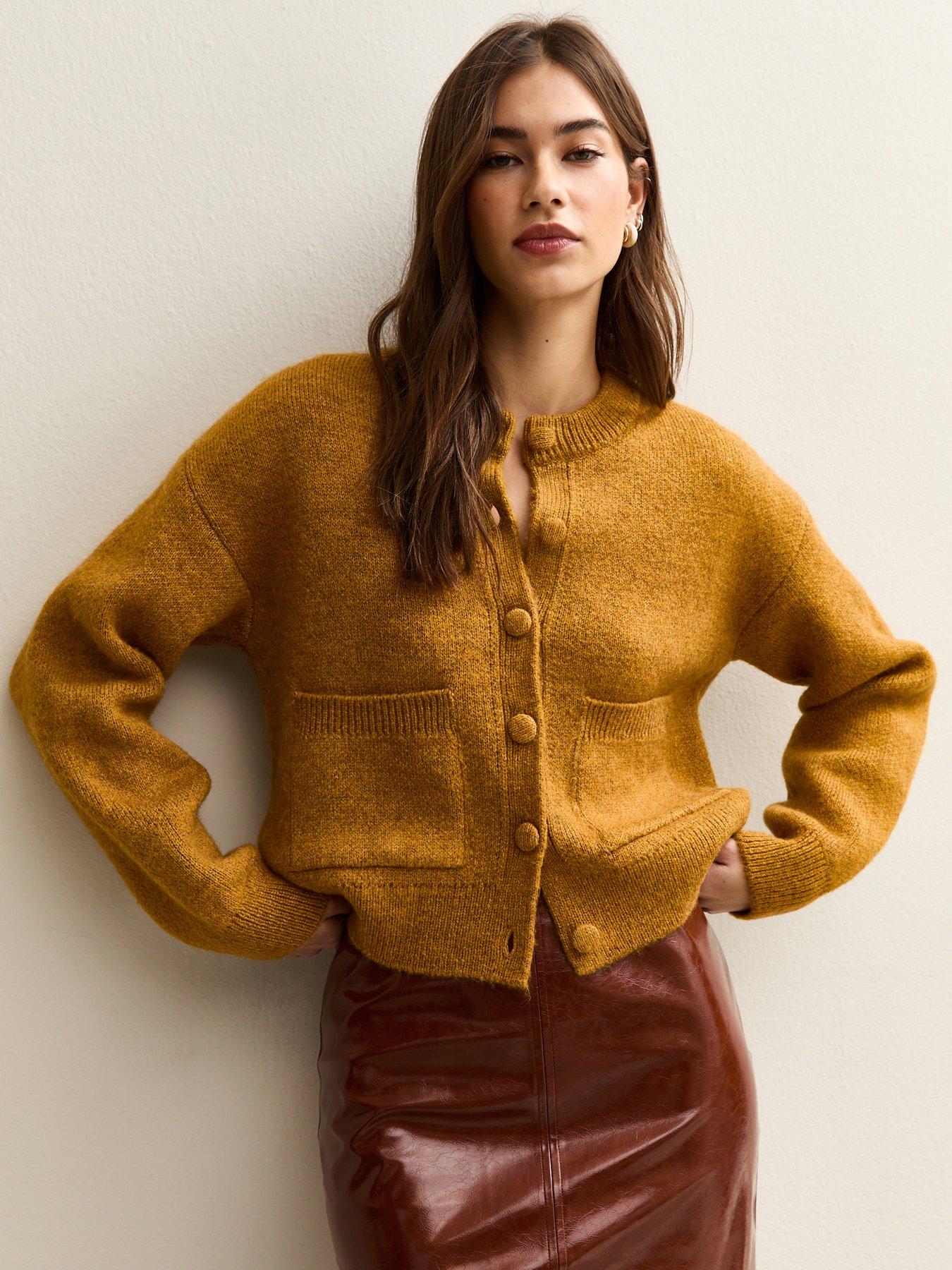 Image 1 of 5 of New Look Crew Neck Knitted Cardigan - Dark Yellow