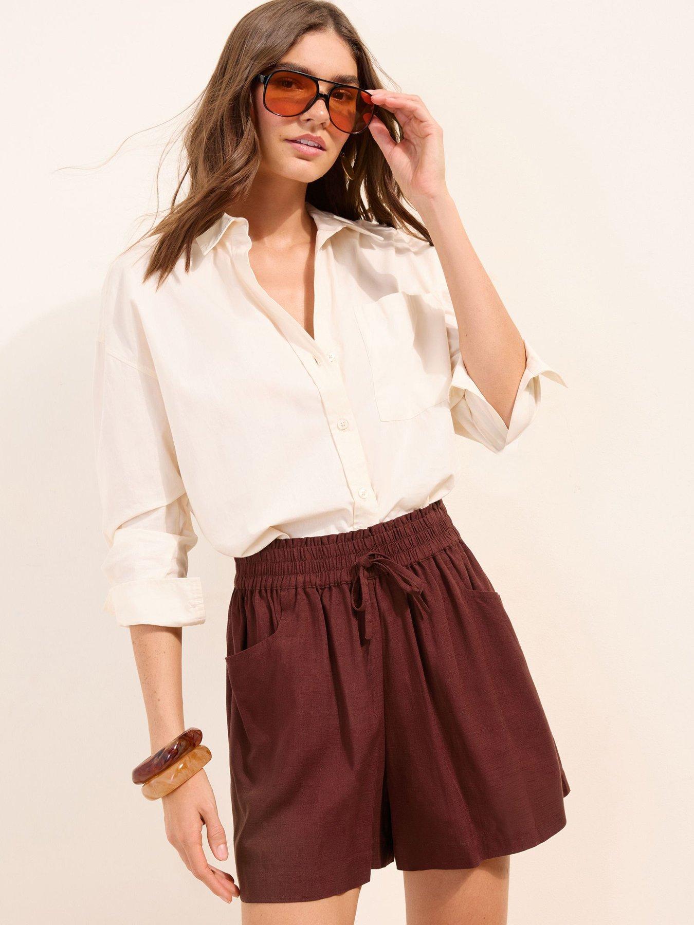 Friends Like These Shirred Waist Linen Shorts - Brown