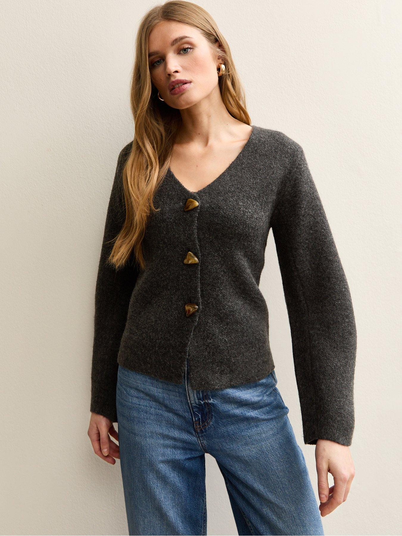 New Look: V-Neck Heavyweight Knit Cardigan - Dark Grey