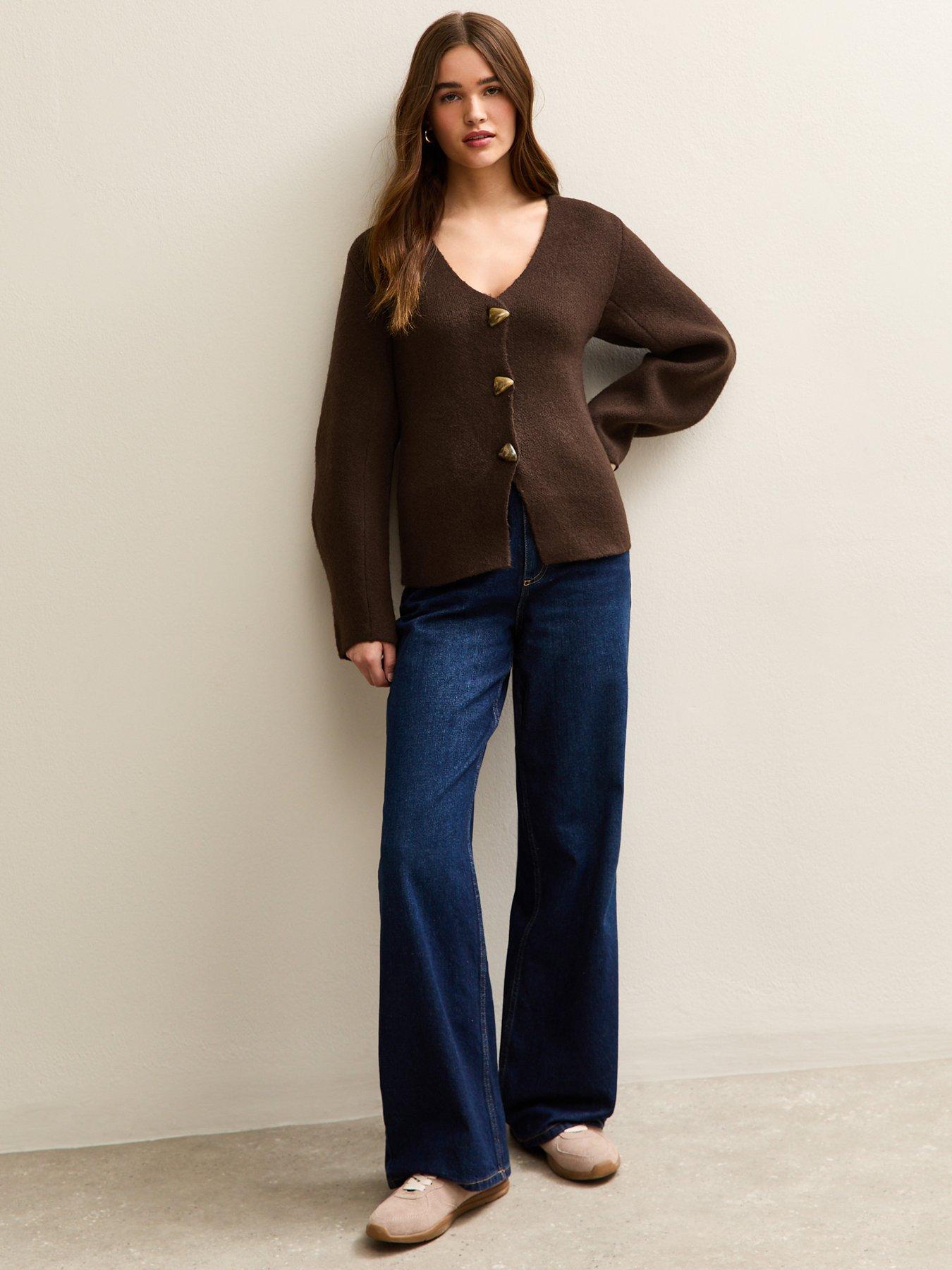 Image 3 of 6 of New Look V- Neck Heavyweight Knit Cardigan - Dark Brown