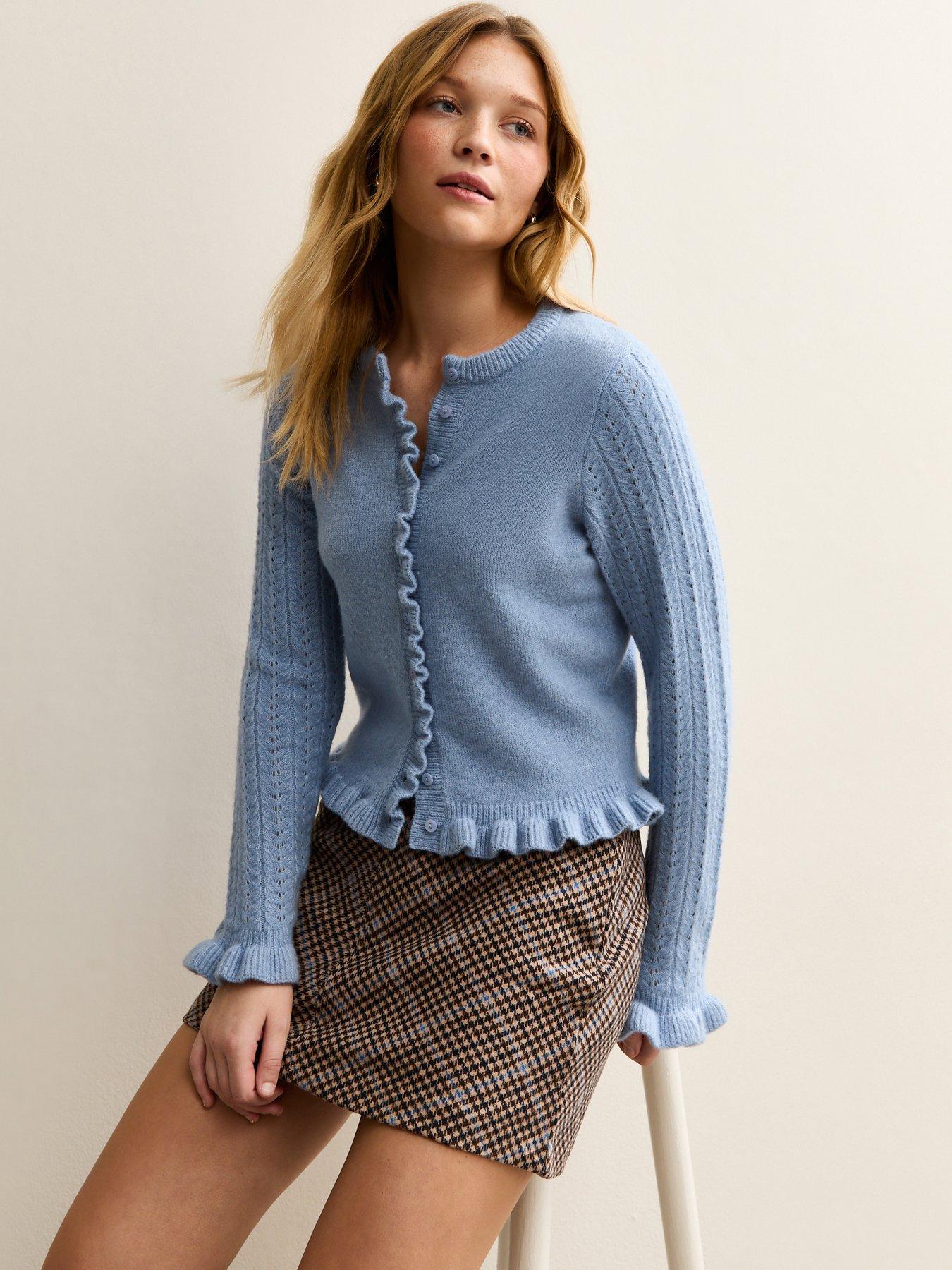 Image 1 of 5 of New Look Frilly Button Front Cardigan - Light Blue