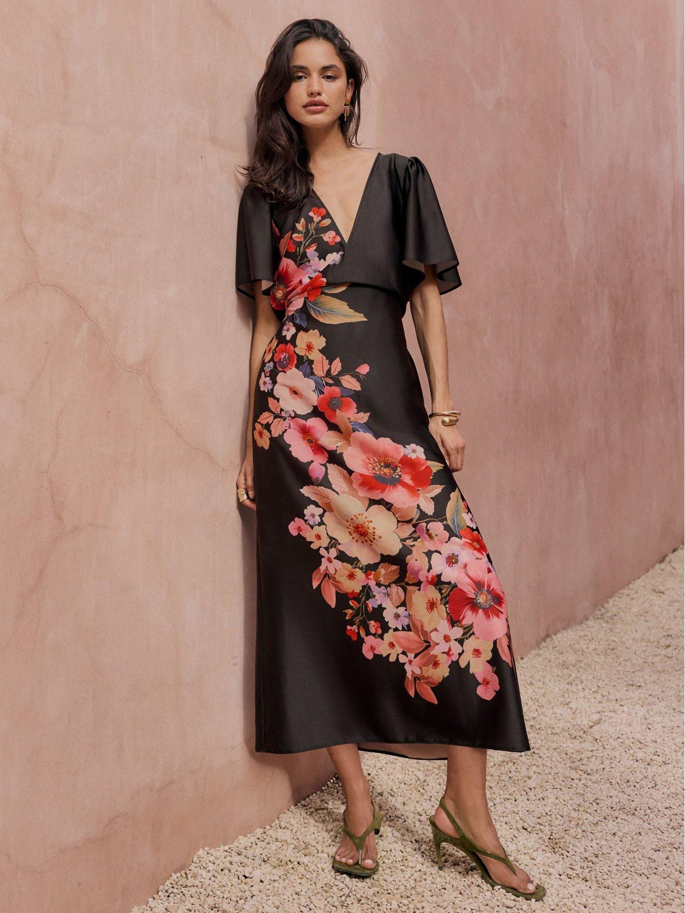 Friends Like These V Neck All Over Floral Satin Midi Dress - Black