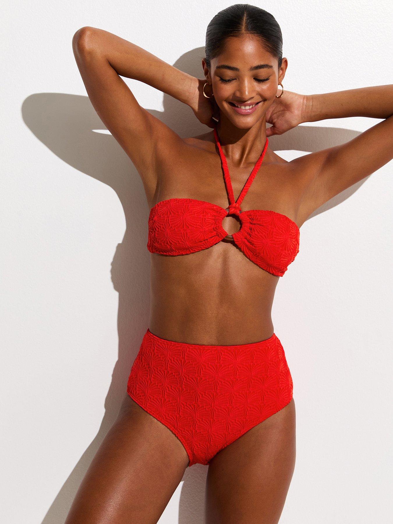 New Look Textured Halter Neck Bandeau Bikini Top - Bright Red