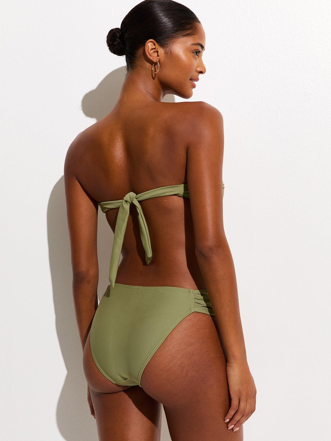 Image 2 of 6 of New Look Ruched Tanga Bikini Bottoms - Light Green