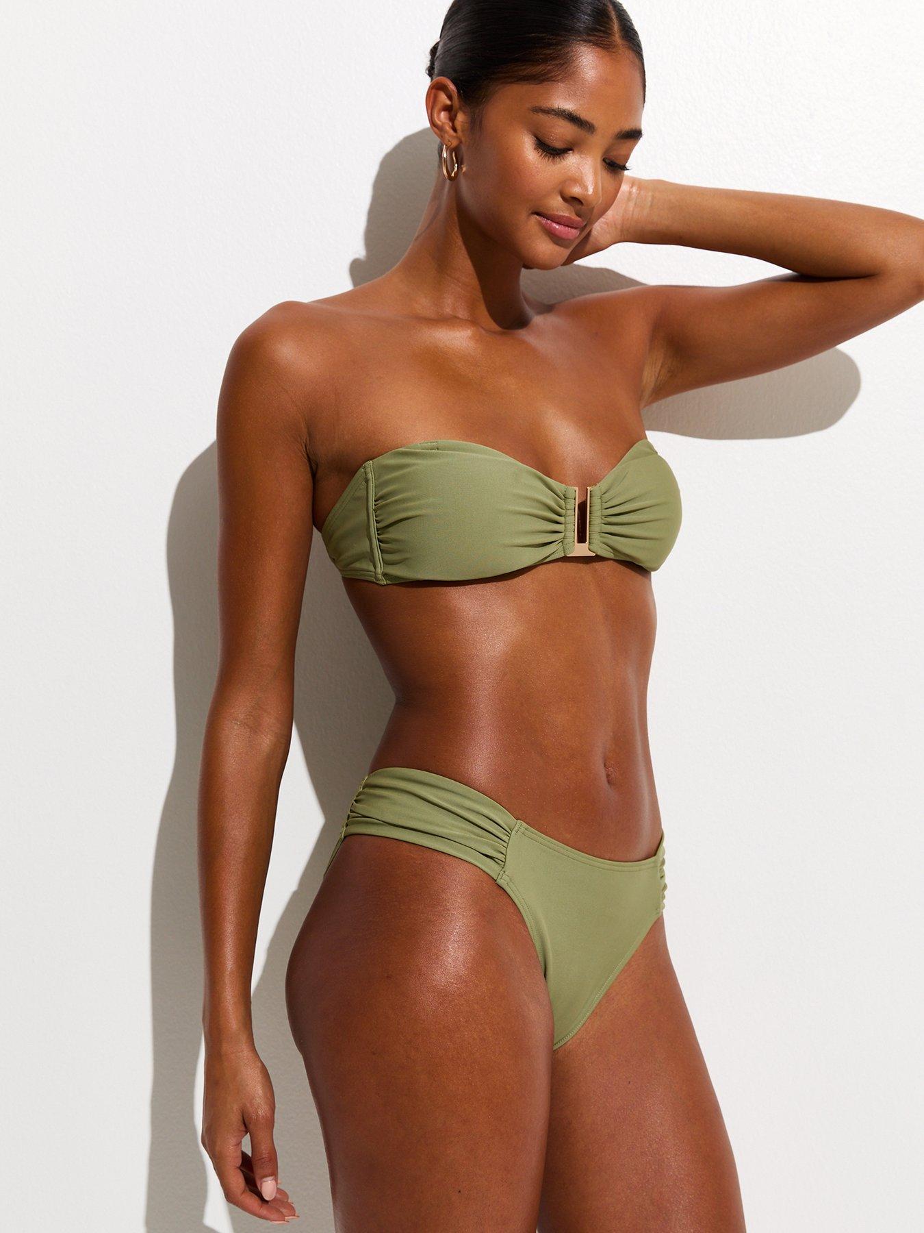Image 3 of 6 of New Look Ruched Tanga Bikini Bottoms - Light Green