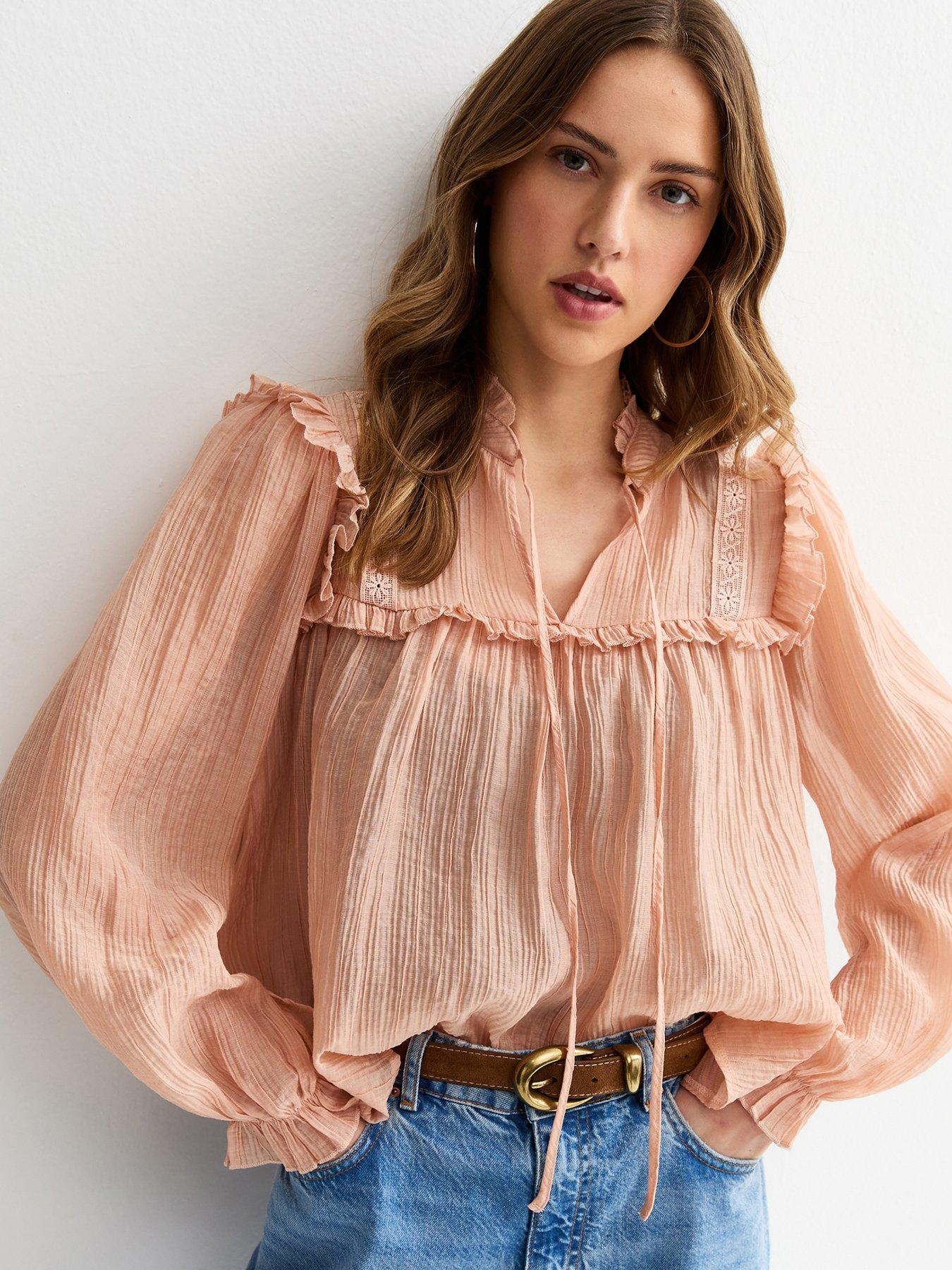 New Look Sheer Lace Bib Crinkle Texture Blouse - Pink