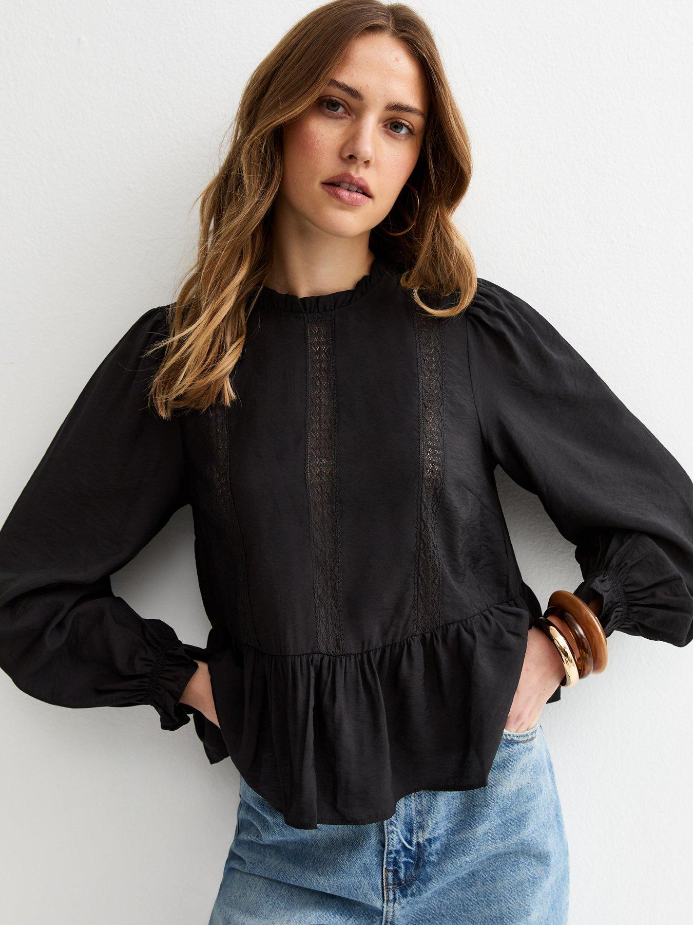 Image 1 of 5 of New Look Lace Insert Frill Neck Blouse - Black