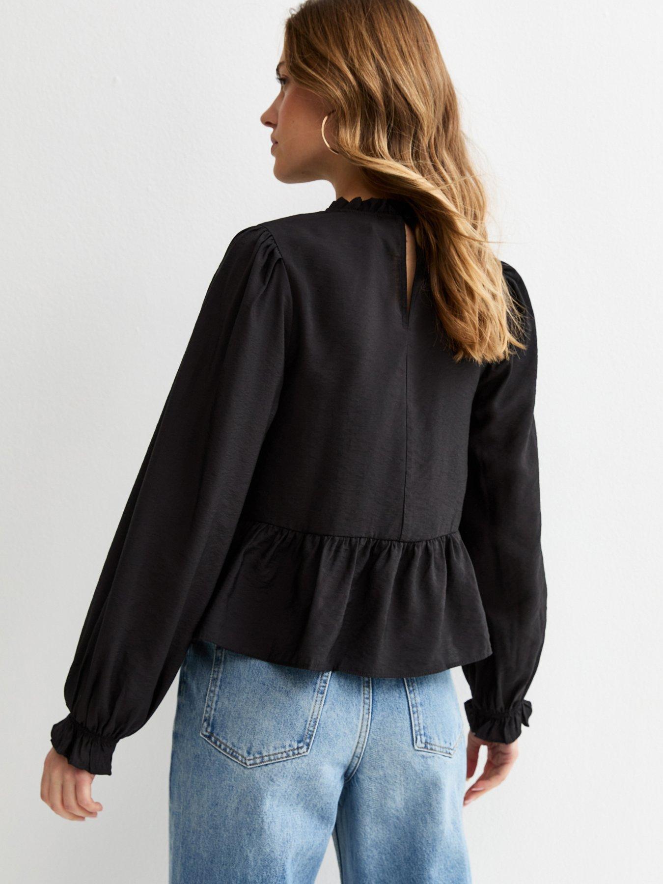 Image 2 of 5 of New Look Lace Insert Frill Neck Blouse - Black