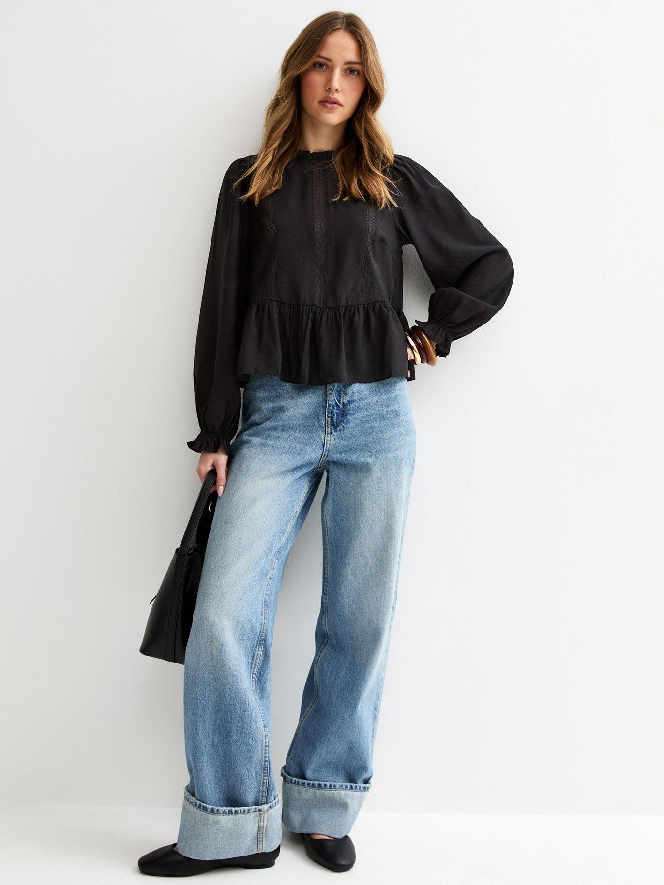 Image 3 of 5 of New Look Lace Insert Frill Neck Blouse - Black