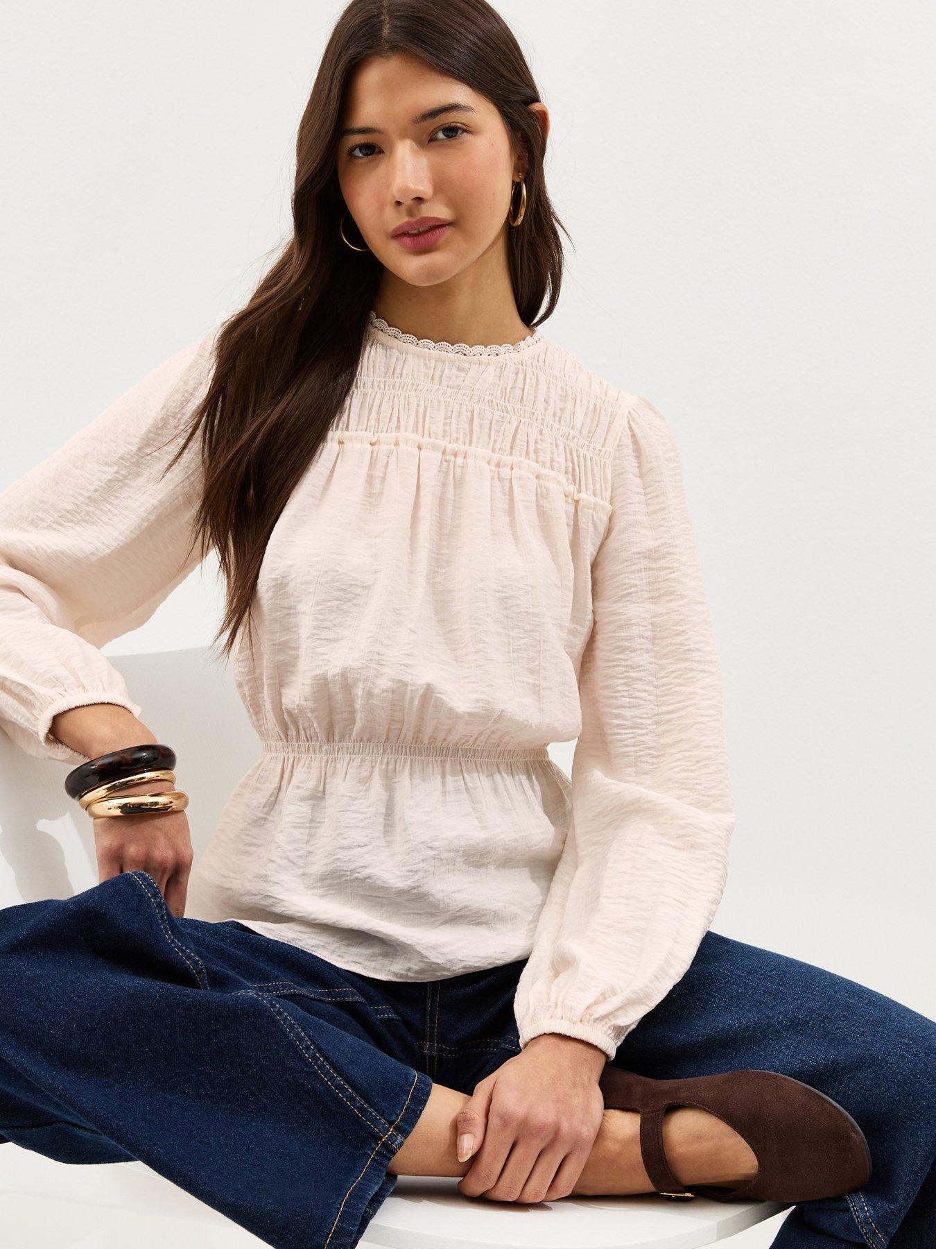 New Look Shirred Long Sleeve Crew Neck Blouse - Off White