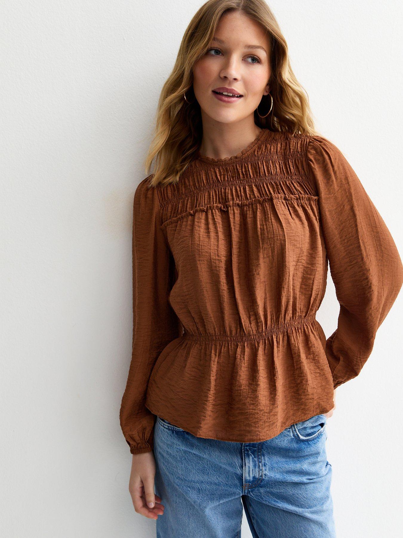 Image 1 of 5 of New Look Shirred Crew Neck Blouse - Dark Brown