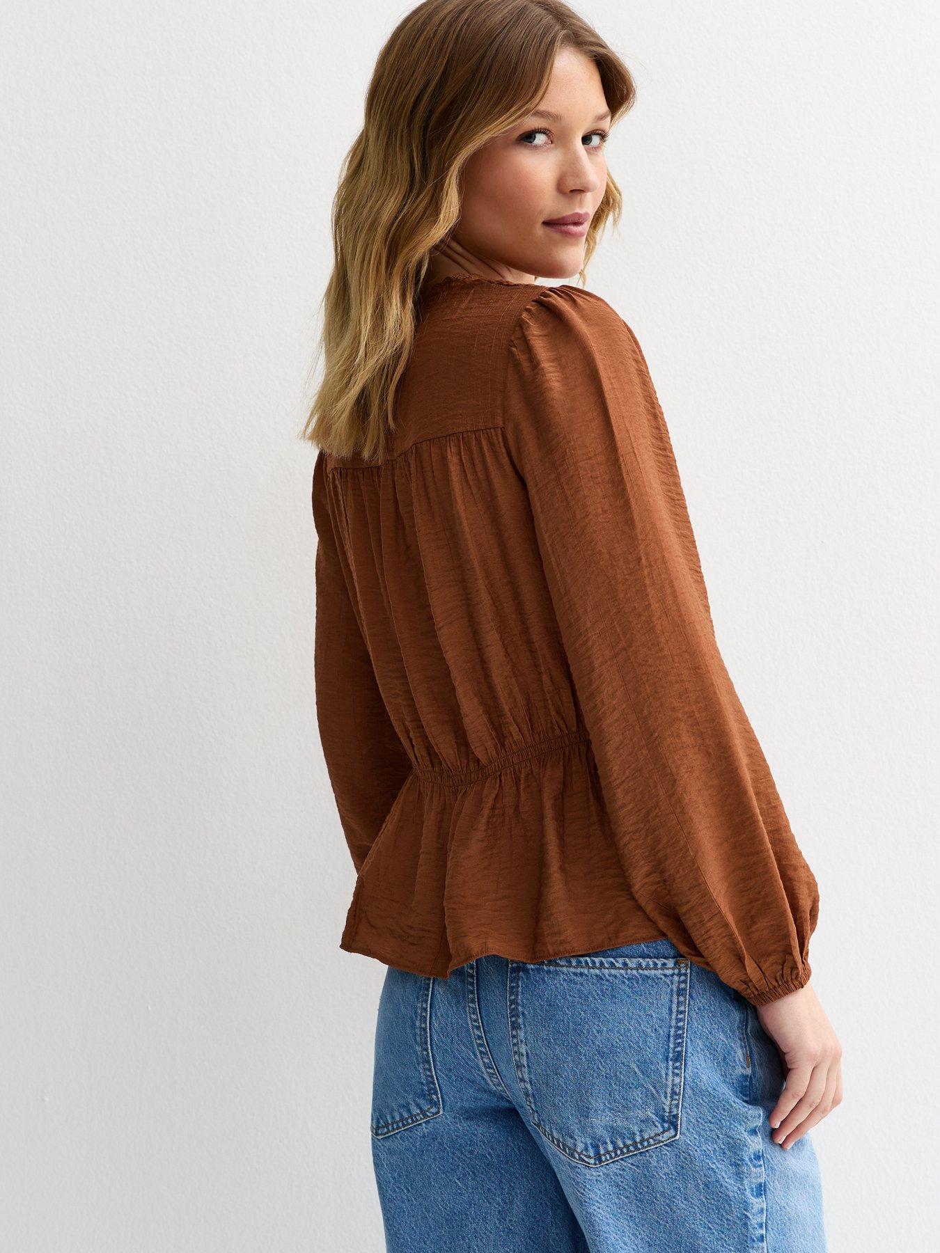Image 2 of 5 of New Look Shirred Crew Neck Blouse - Dark Brown