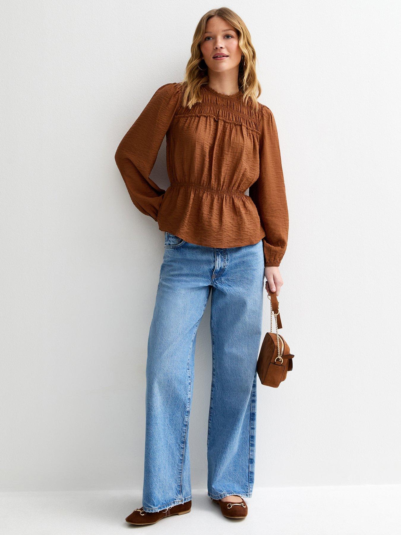 Image 3 of 5 of New Look Shirred Crew Neck Blouse - Dark Brown