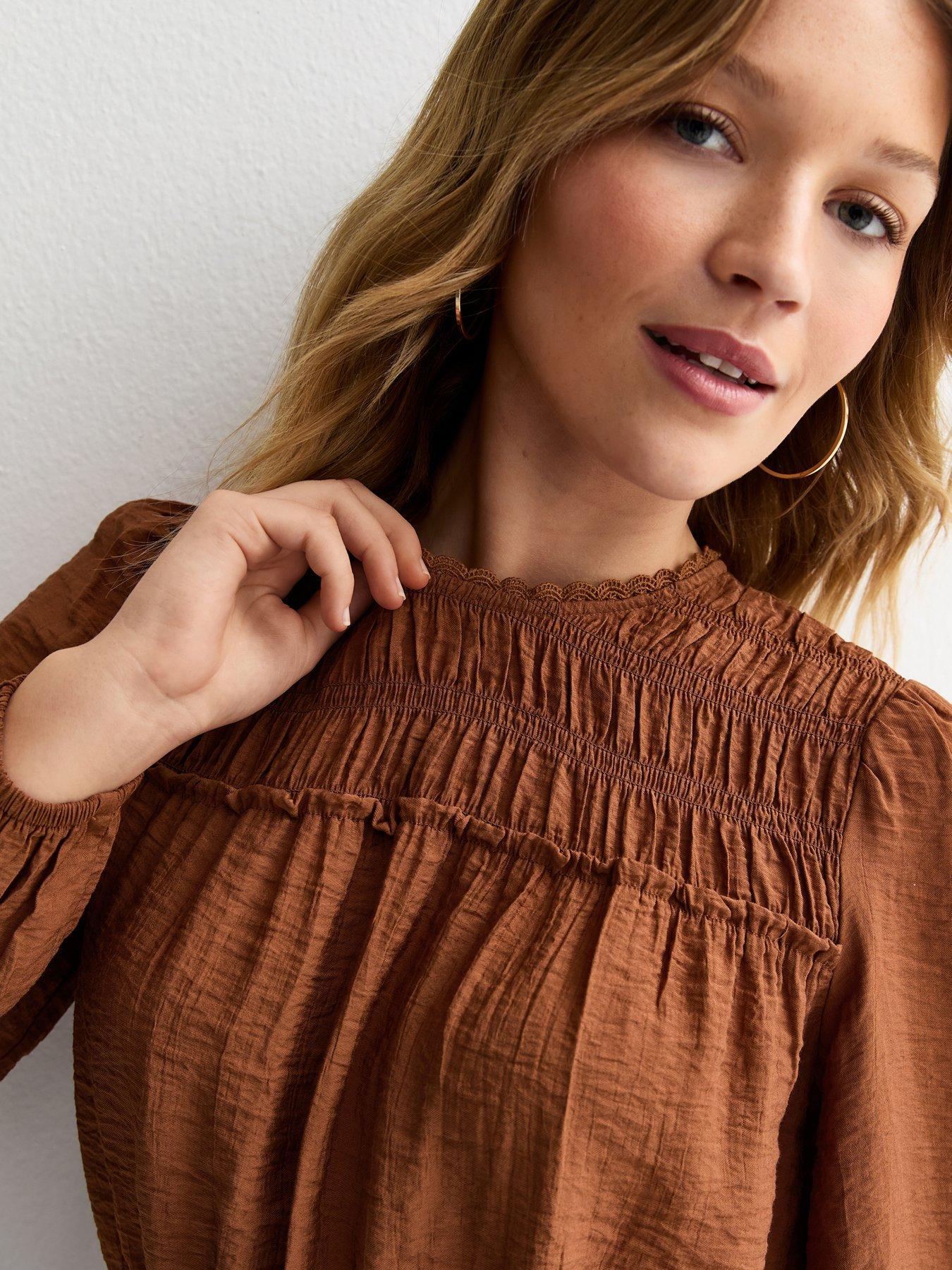 Image 4 of 5 of New Look Shirred Crew Neck Blouse - Dark Brown