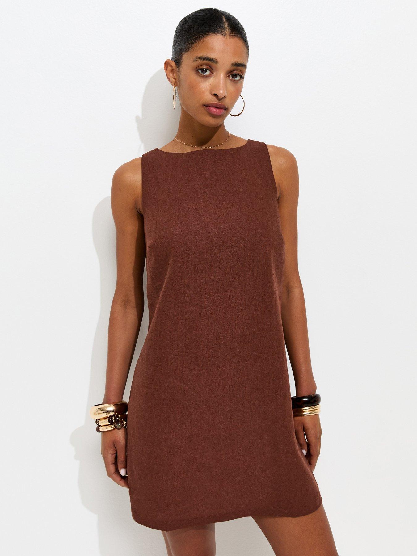 New Look Linen Blend Tie Back Mini Dress - Brown