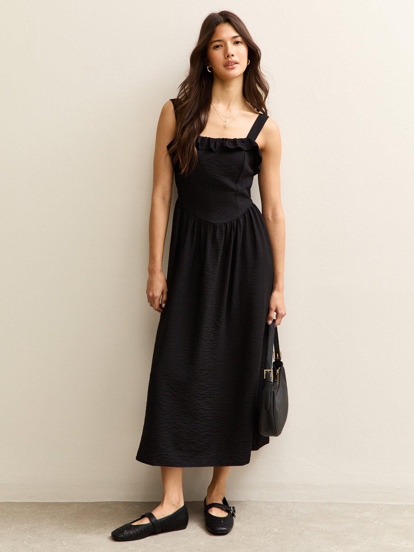 New Look Square Neck Frilly Trim Midi Dress - Black