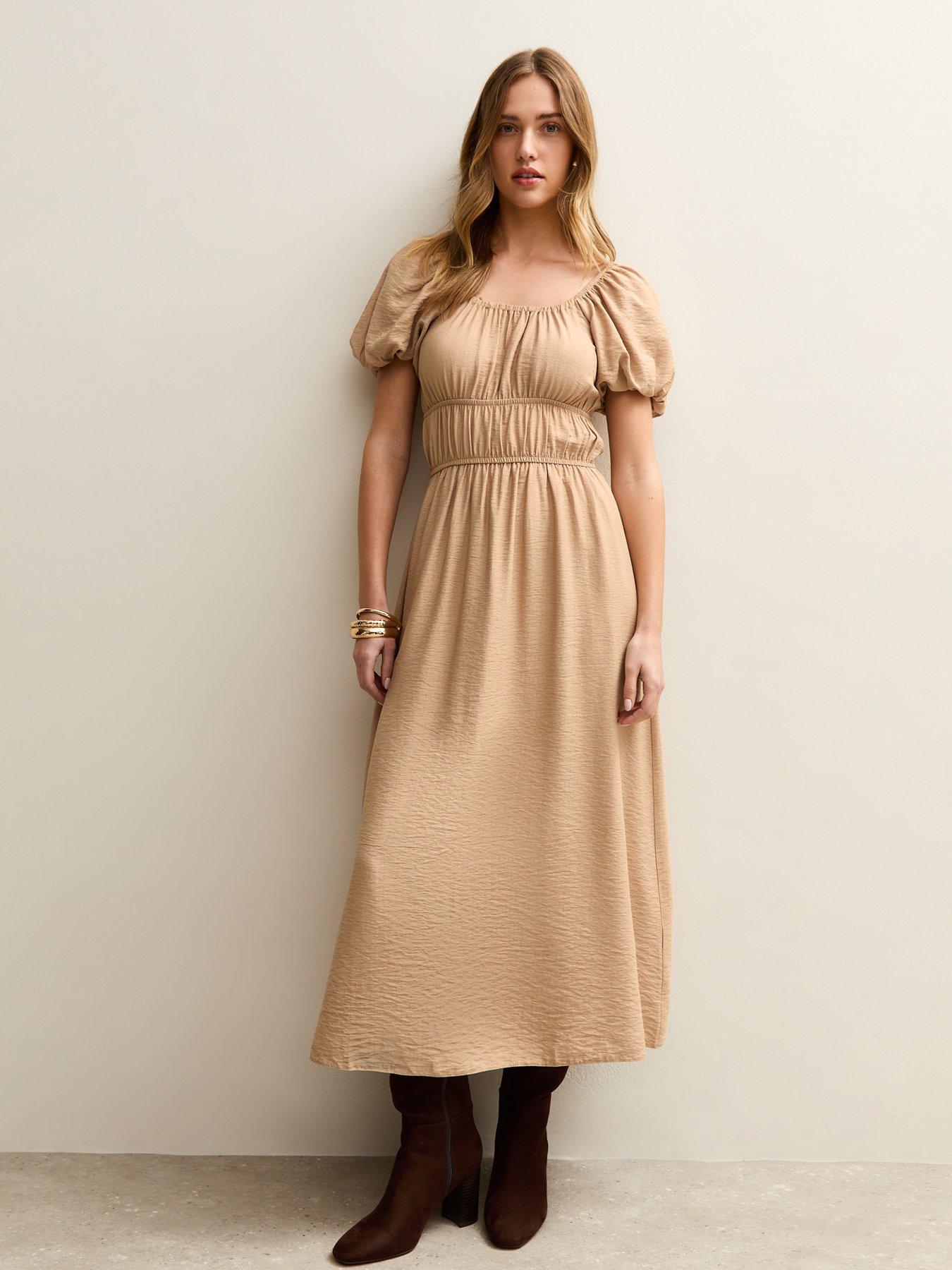 New Look Milkmaid Short Puff Sleeve Midi Dress - Camel
