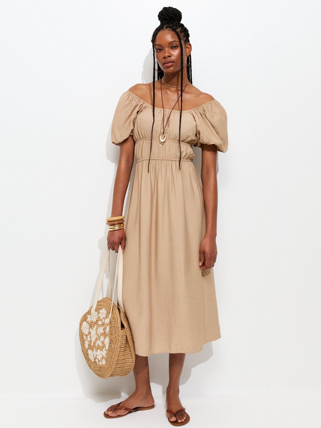 New Look Milkmaid Short Puff Sleeve Midi Dress - Camel