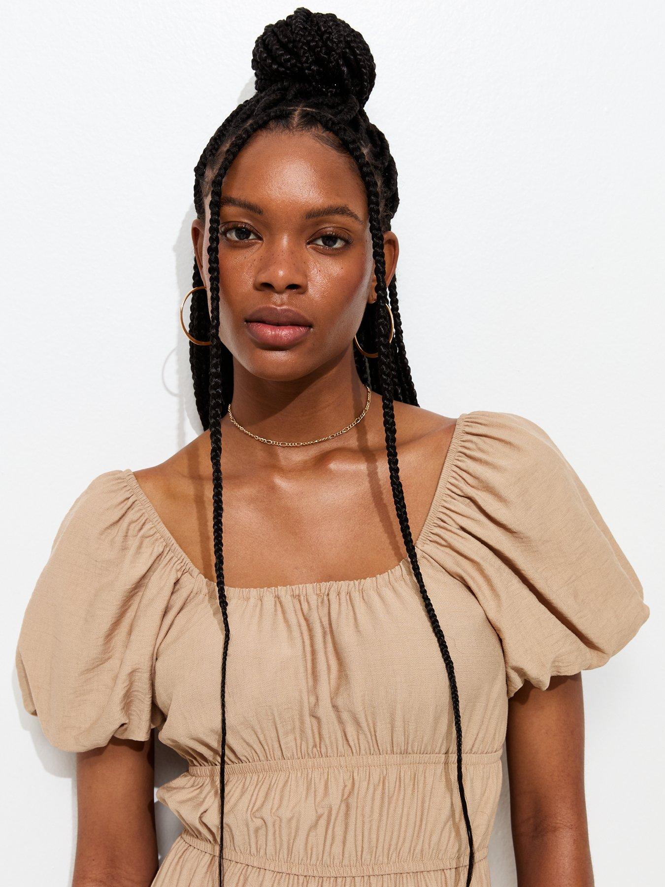 New Look Milkmaid Short Puff Sleeve Midi Dress - Camel | Very