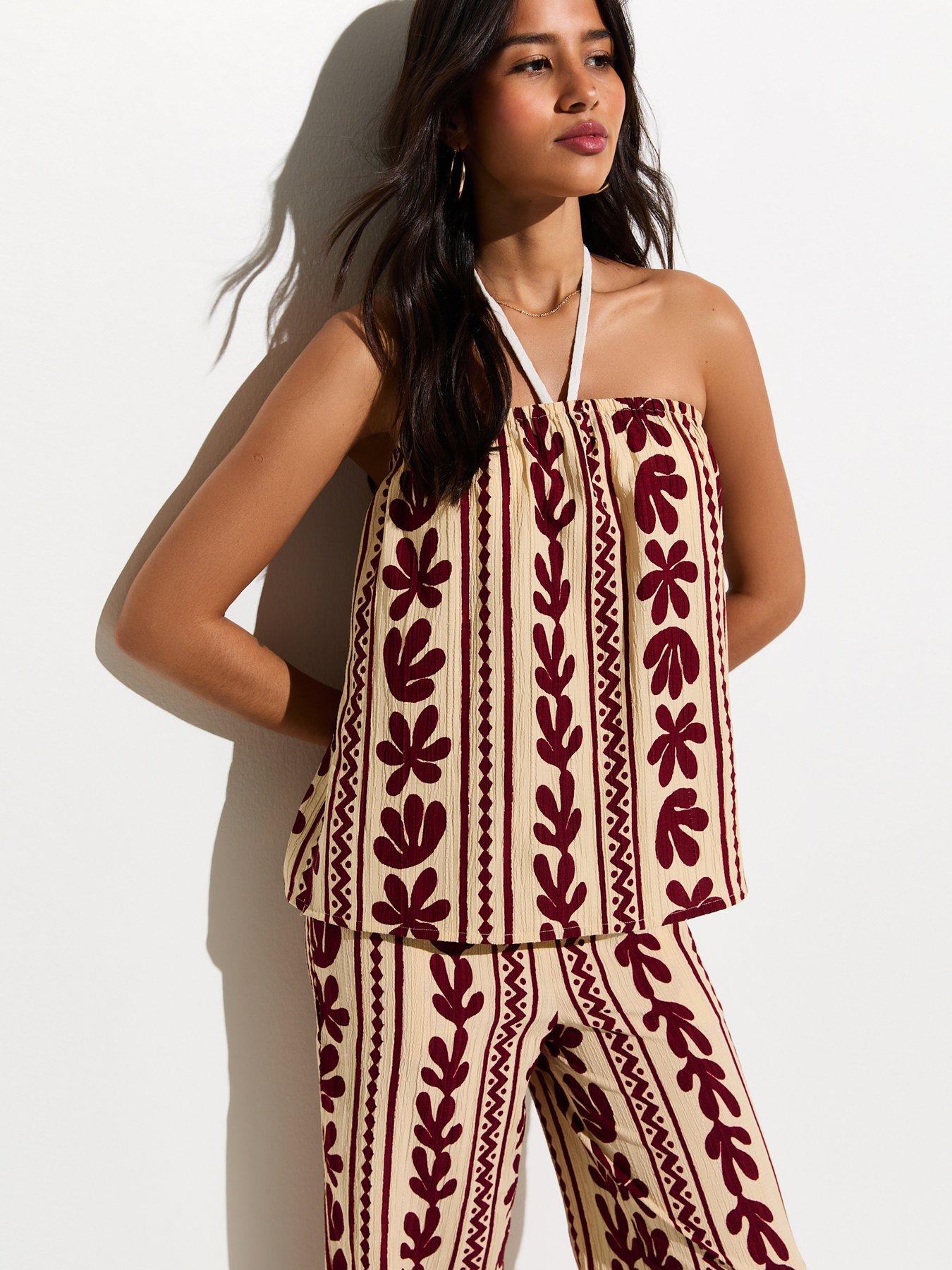 New Look Cactus Print Bandeau Beach Top - Brown