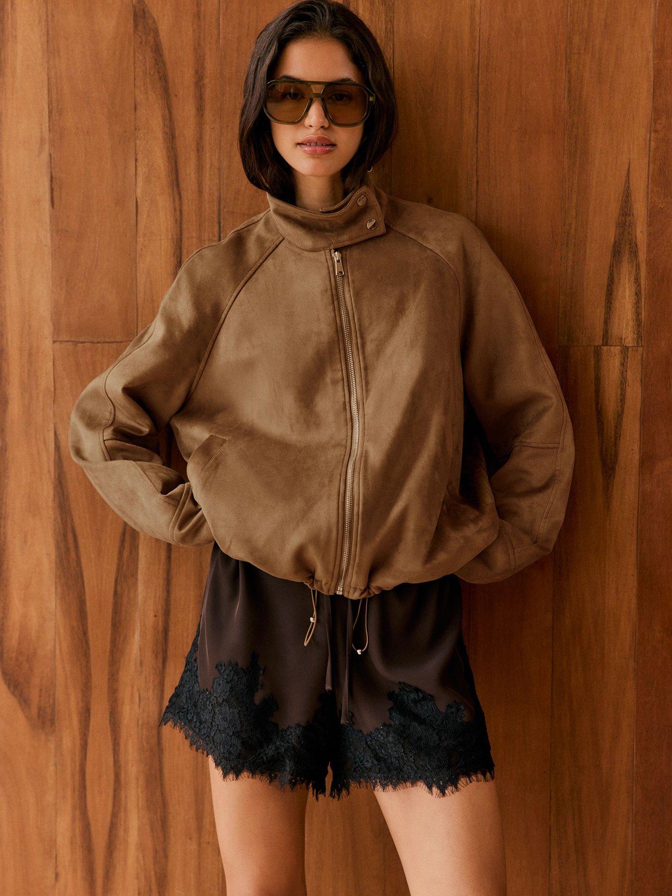 Image 1 of 4 of Friends Like These Faux Suede Zip Thru Drawstring Hem - Brown