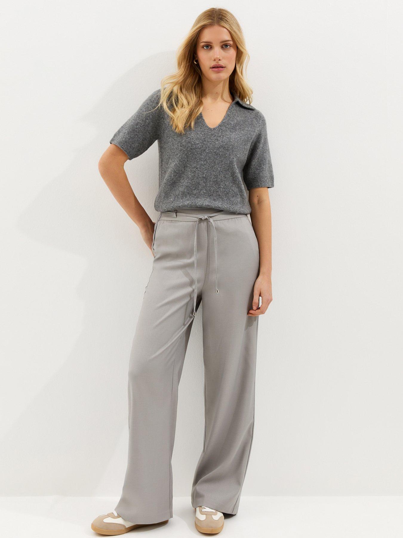 New Look Tie Waist Wide Leg Trousers - Light Grey