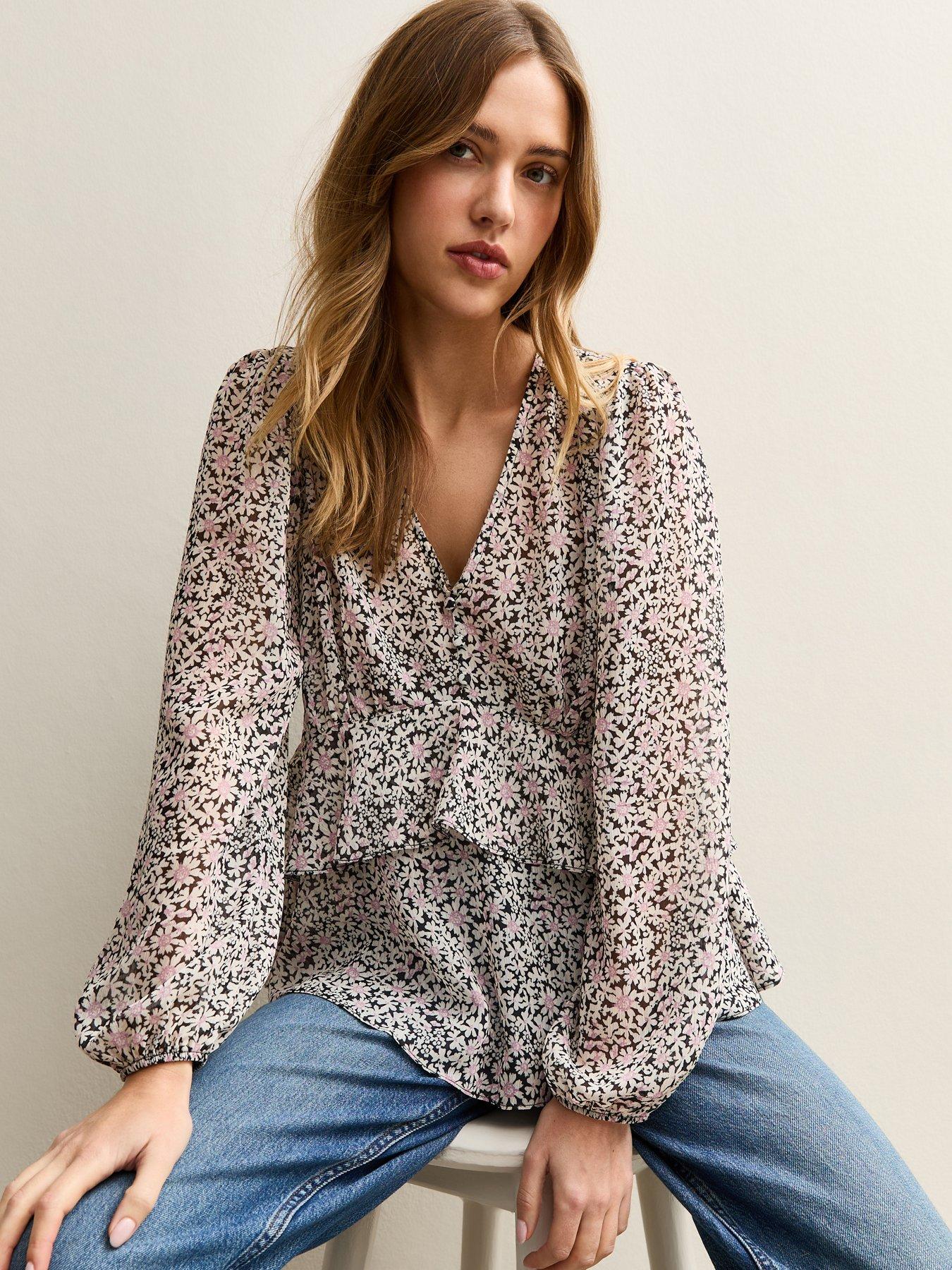 New Look Daisy V- Neck Sheer Chiffon Tea Blouse - Black/Pink