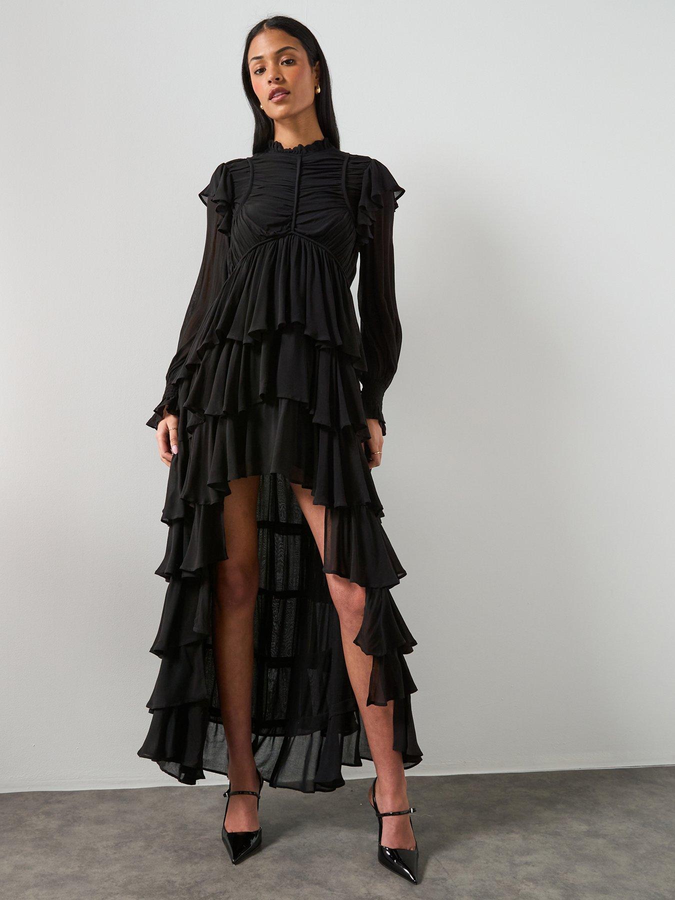 AllSaints Leila Frill Long Sleeve Maxi Dress - Black