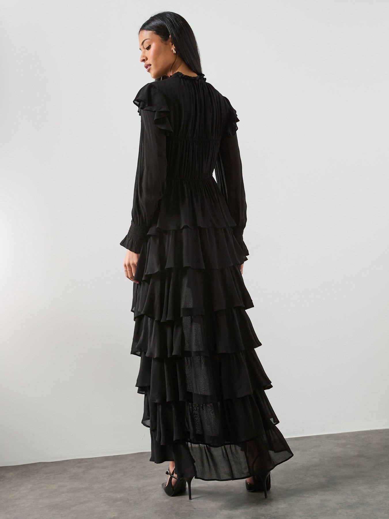 AllSaints Leila Frill Long Sleeve Maxi Dress - Black | Very