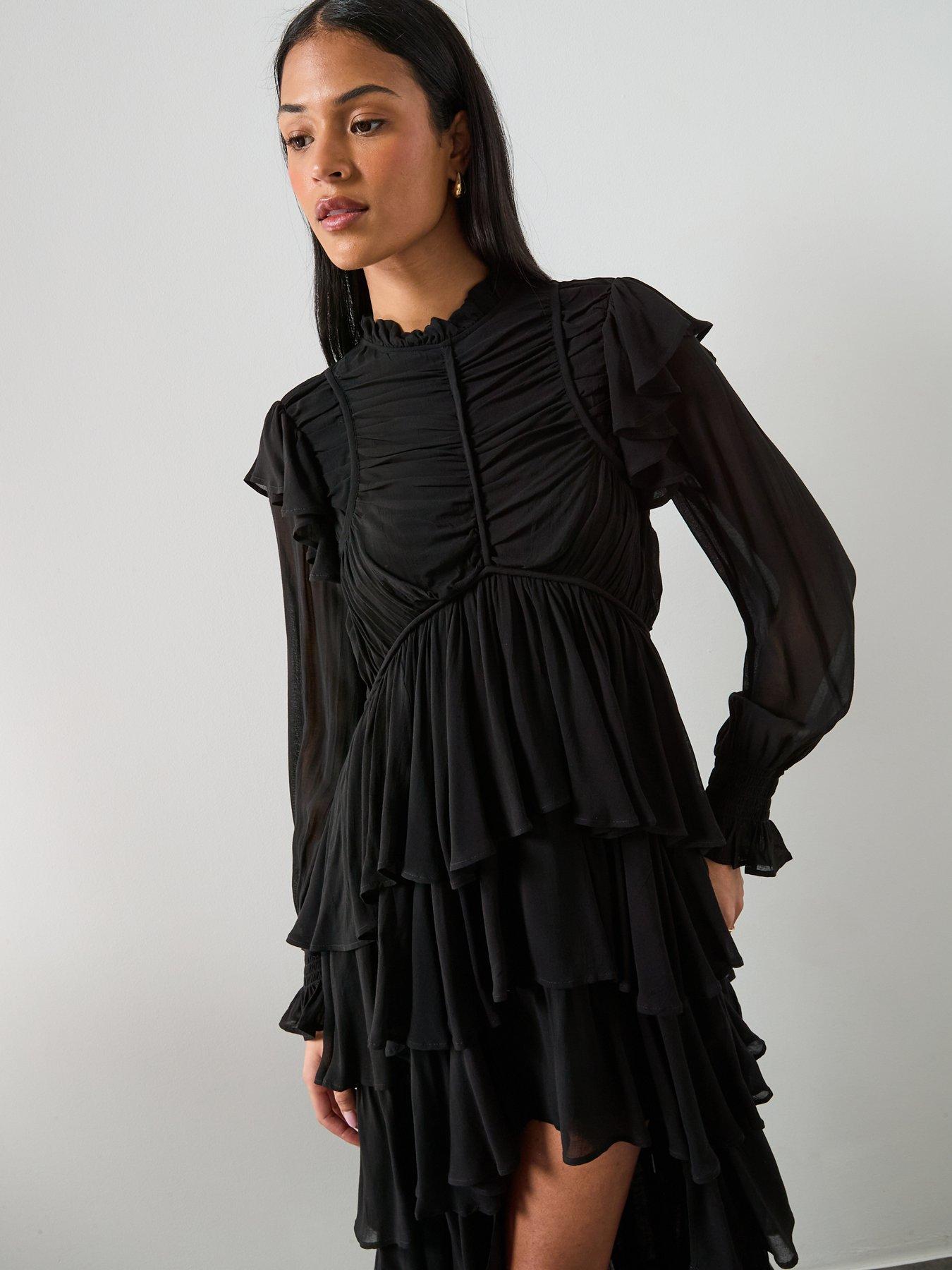 AllSaints Leila Frill Long Sleeve Maxi Dress - Black | Very